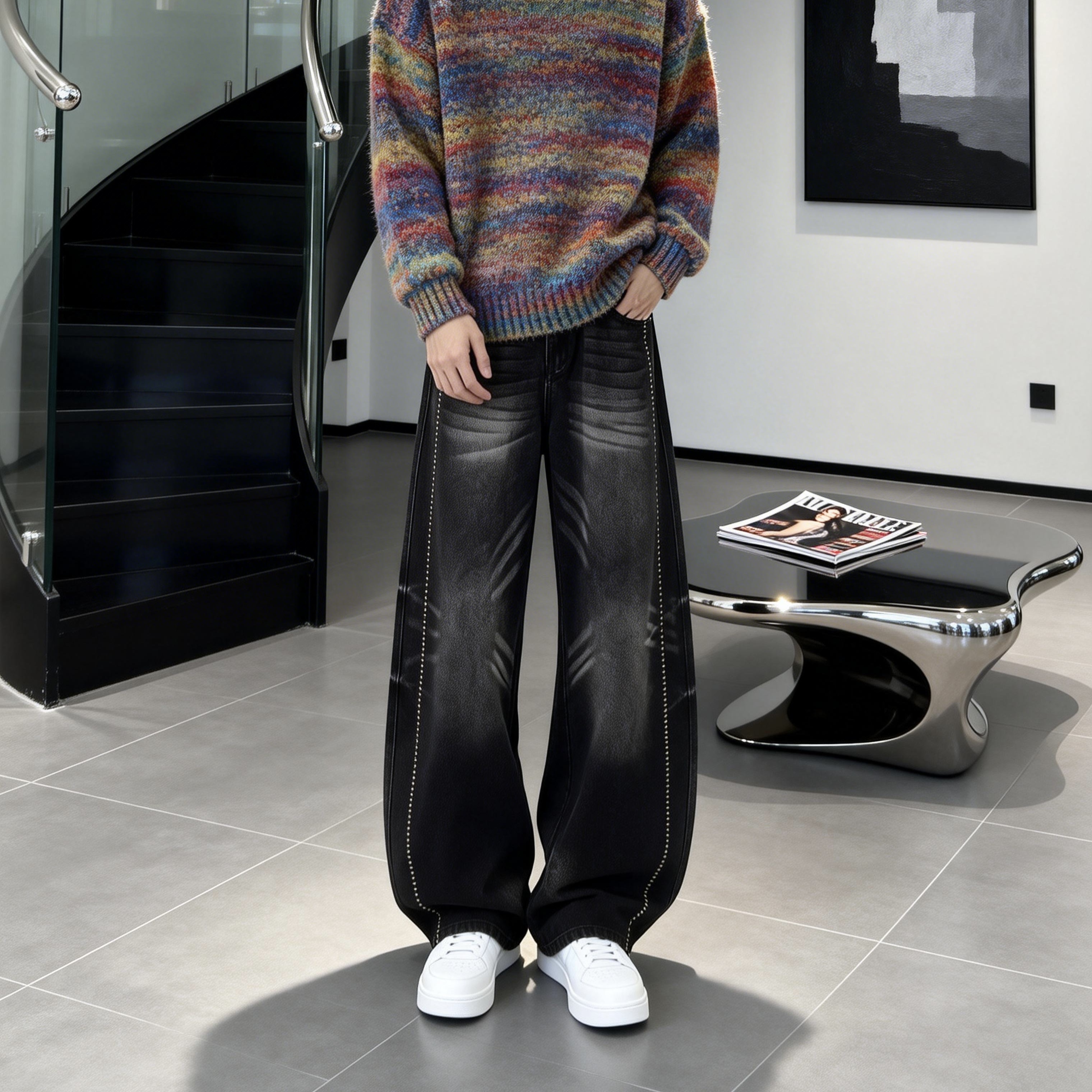 秋冬款加厚男士弯刀牛仔裤时尚轻奢宽松休闲百搭显瘦灯笼裤不掉色