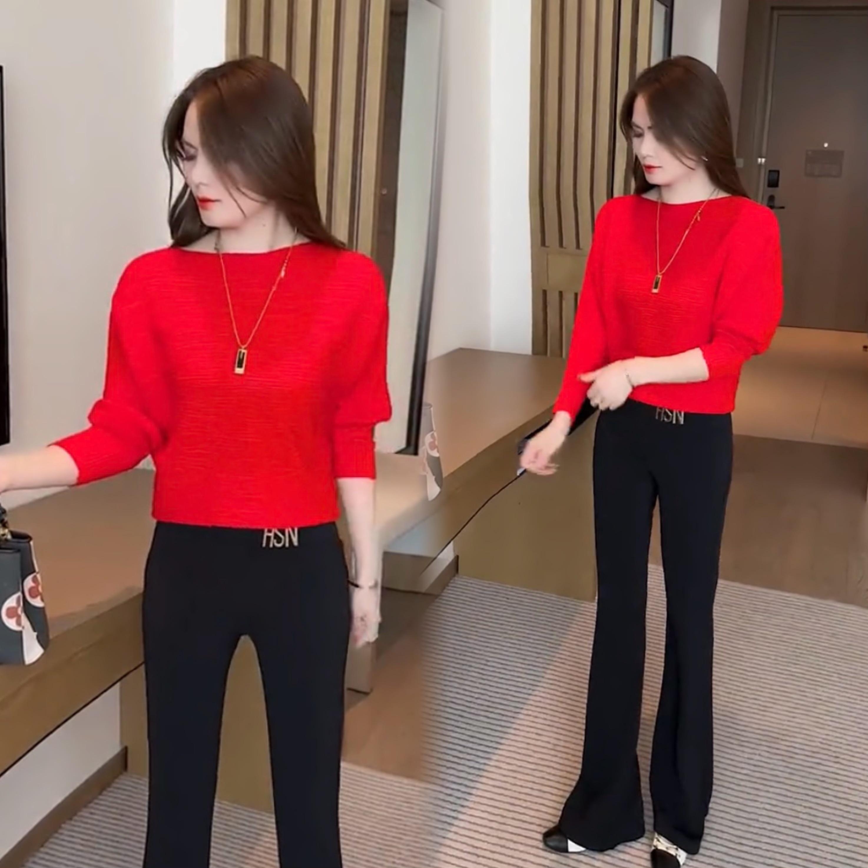 小个子宽松蝙蝠百搭一字领毛针织衫洋气蝙蝠袖两件套2025黑色裤子