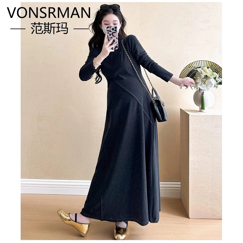 孕妇装春秋款连衣裙轻奢高级感假两件针织长裙秋季长版打底裙秋冬