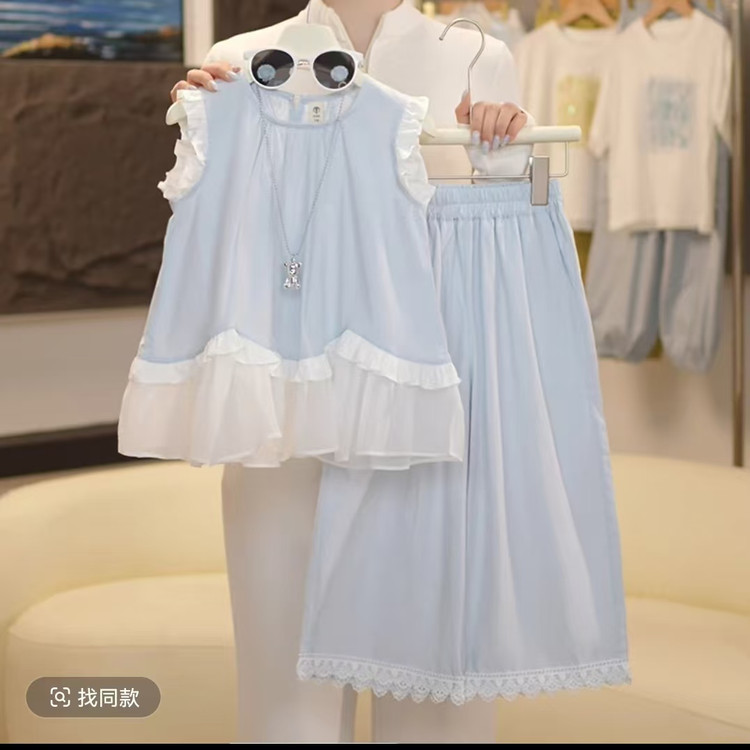 蕾丝洋气套装纯色童装休闲韩版常规休闲风夏季女少女儿童女童时尚