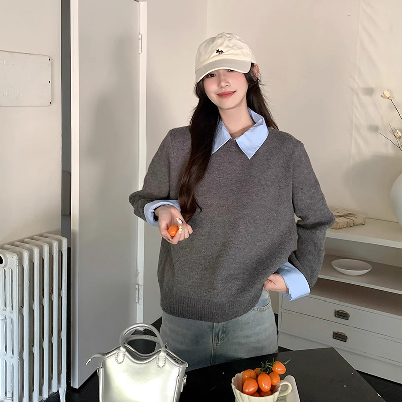 灰色假两件polo衬衫领内搭软糯毛衣女秋冬慵懒风宽松打底针织上衣