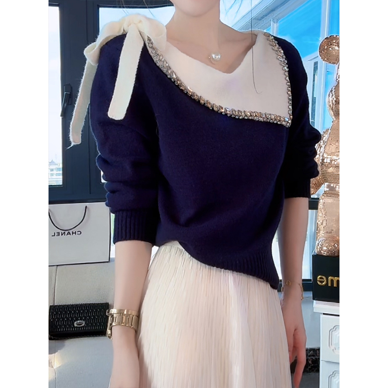 重工轻奢设计感撞色绑带针织衫女2025秋冬新款一字肩毛衣斜领上衣