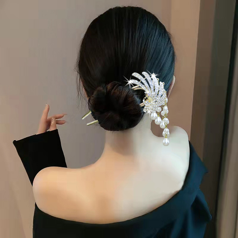 中式孔雀U型发簪新款汉服旗袍盘发丸子头复古簪子发钗新中式头饰