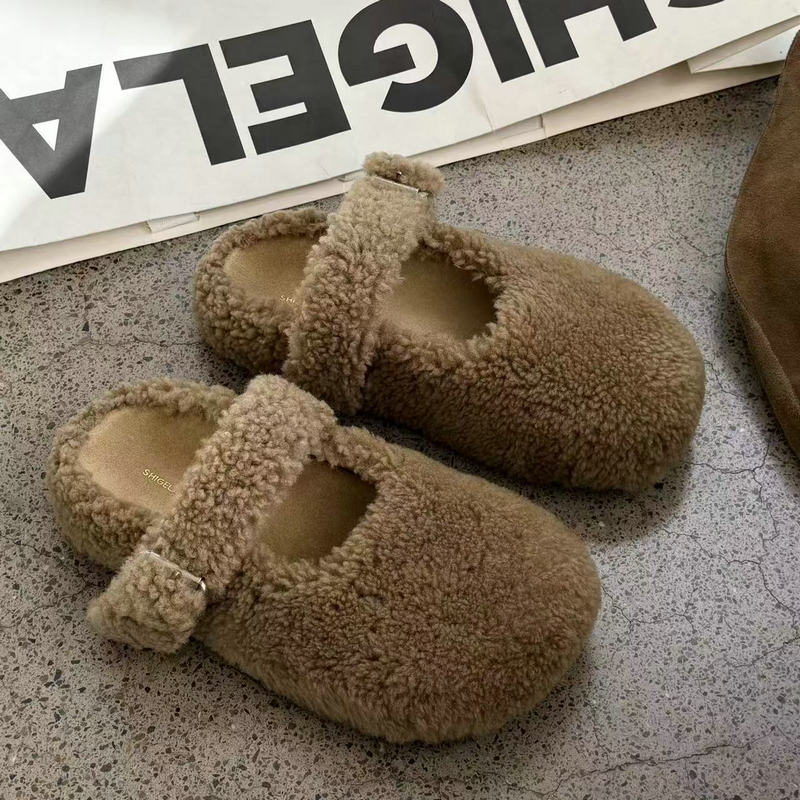 诗歌兰女2025秋冬新款毛毛鞋加绒百搭扣带复古浅口包头半拖1637-7