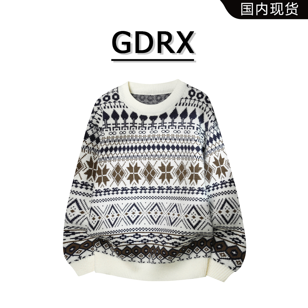 GDRX美式潮流民族风针织衫男冬季潮流时尚印花毛衣休闲百搭男装