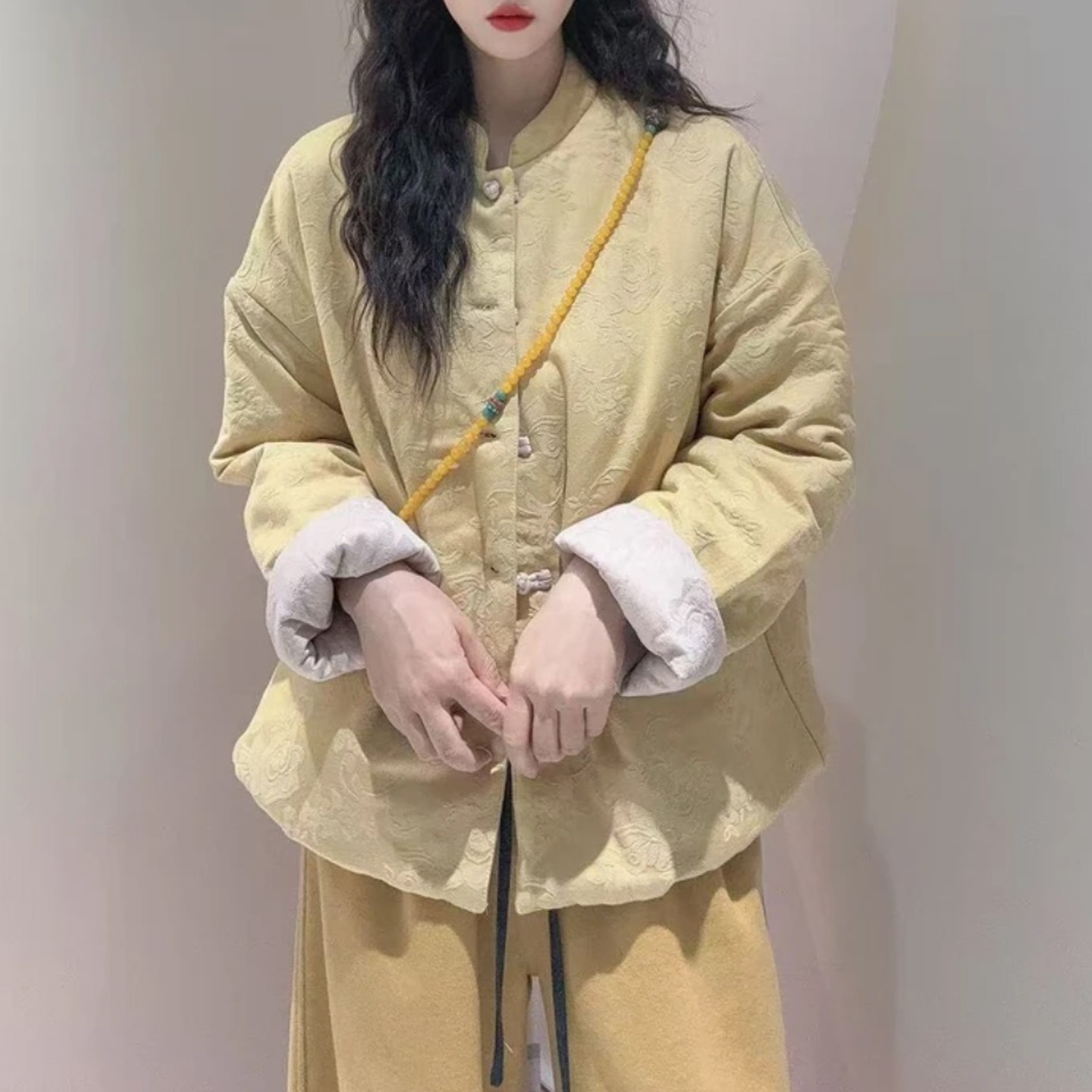 2025秋冬新款复古国风亚麻提花盘扣双面穿棉衣女宽松百搭棉服外套