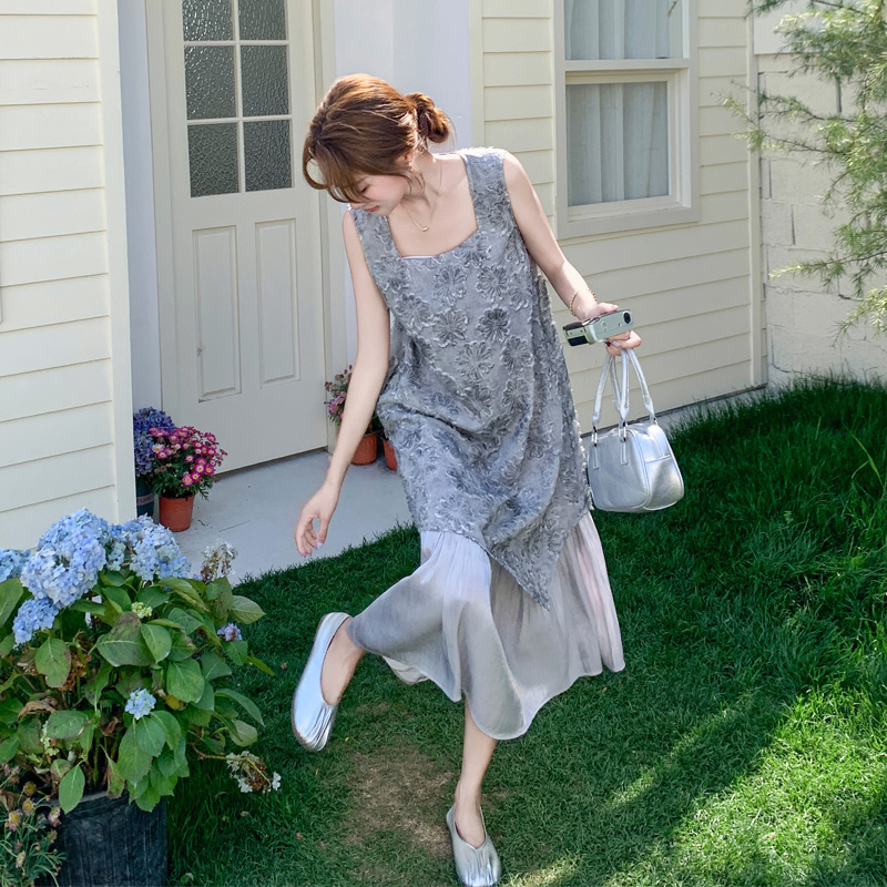 假两件不规则吊带裙夏季女2025新款海边度假风气质法式提花连衣裙