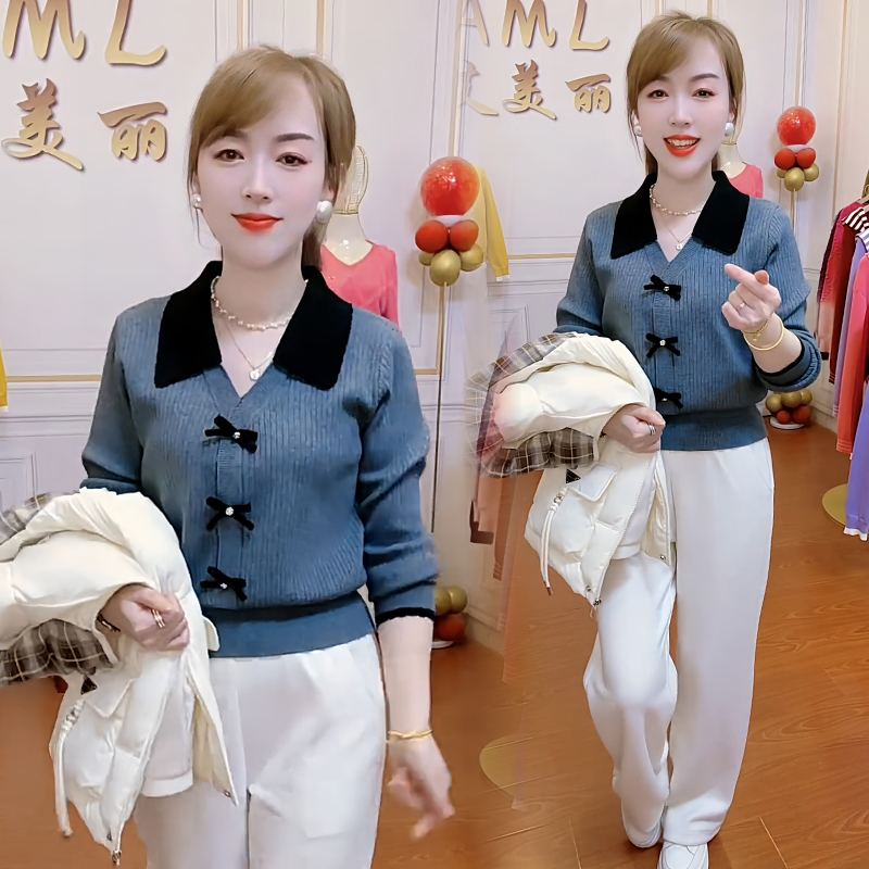 法式小香风蝴蝶结撞色毛针织衫女2025年秋冬显瘦洋气百搭V领上衣