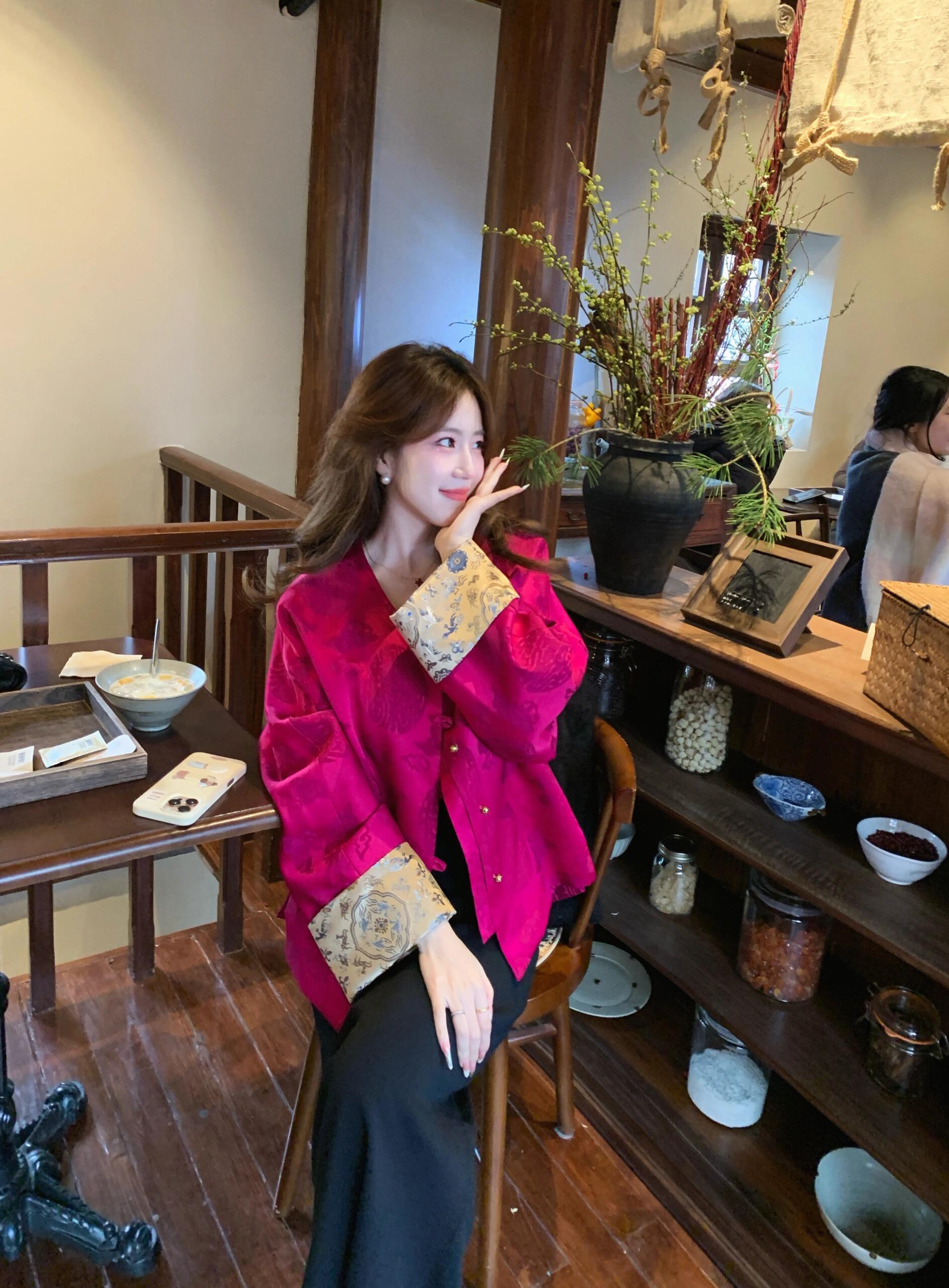 新中式国风玫红色禅意上衣外套2025秋季高级感超好看半身裙两件套