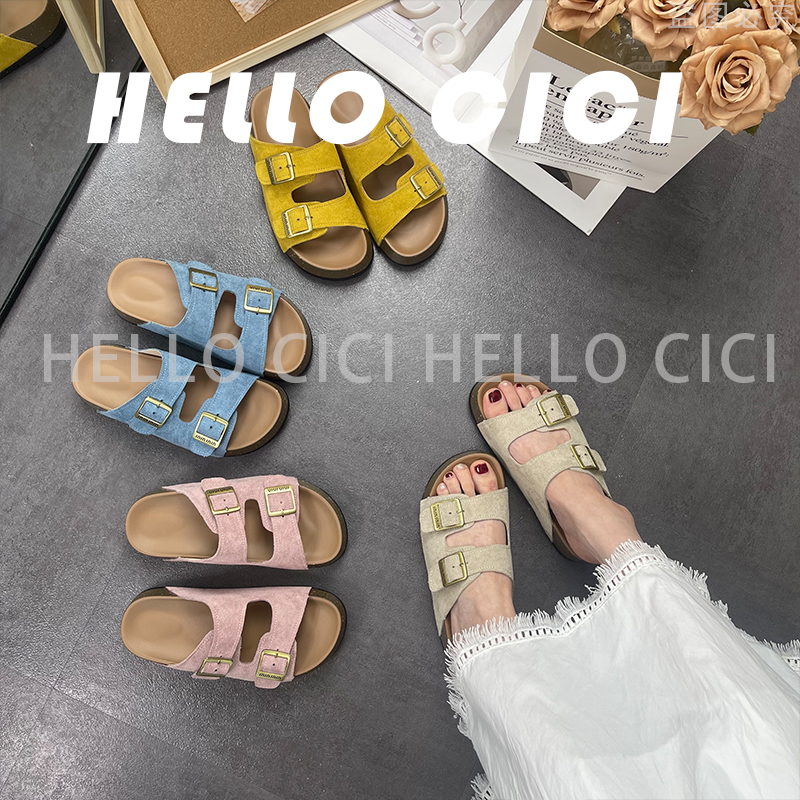 【退货补运费】复古博肯搭扣厚底松糕拖鞋女韩版拖沙滩拖凉拖9008