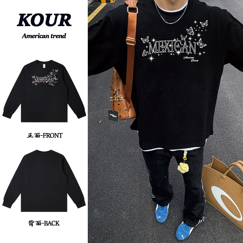 蝴蝶英文闪光美式高街复古长袖T恤重磅纯棉上衣宽松百搭打底衫ins