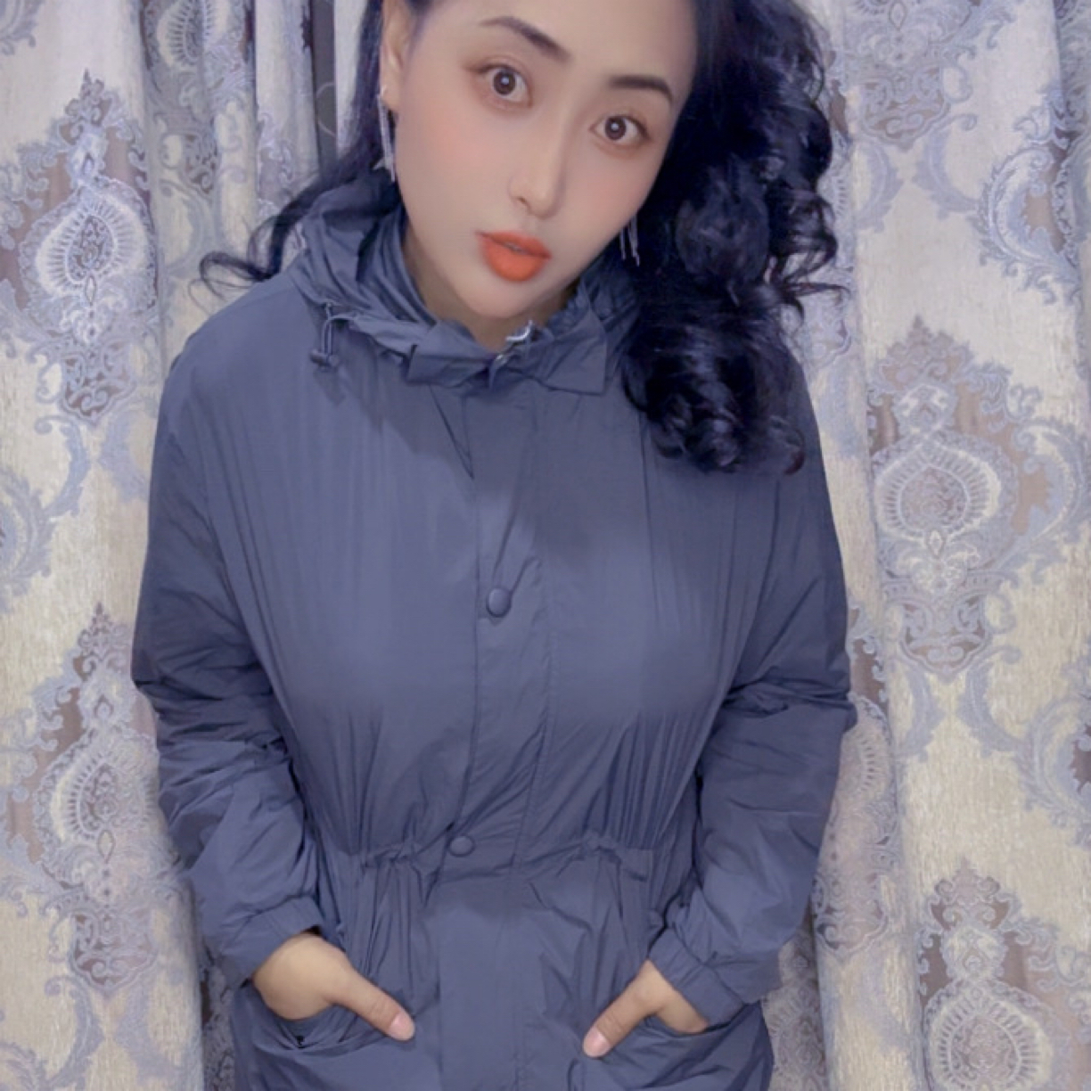 25021中长款收腰连帽风衣帽子可拆卸
