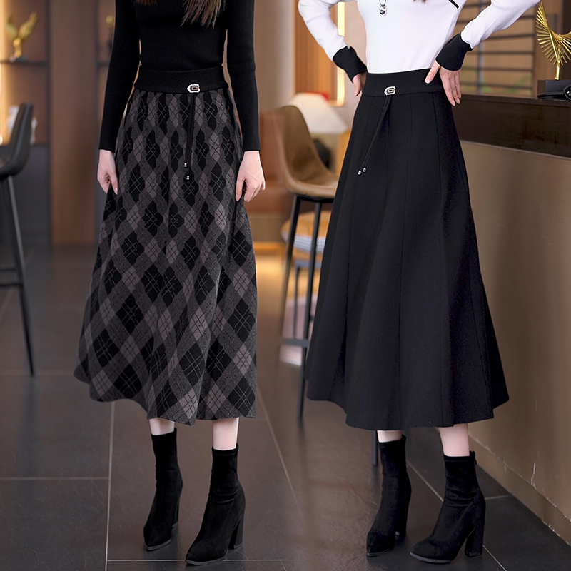 艾格中长款毛呢a字裙百搭百褶裙伞裙女2025新款显瘦半身裙文艺