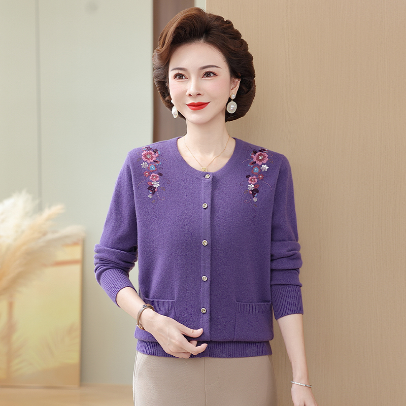 百分百全羊毛针织口袋开衫中老年妈妈装气质时尚秋冬款.6806