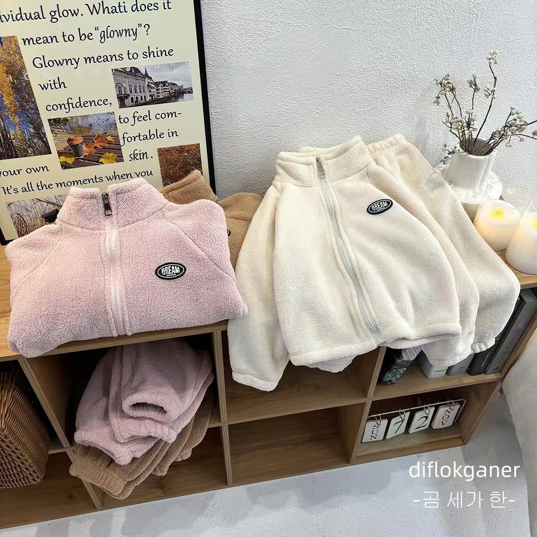 全棉时代儿童立领套装女童软糯保暖裤宝宝双面绒毛毛衣男童秋拉链