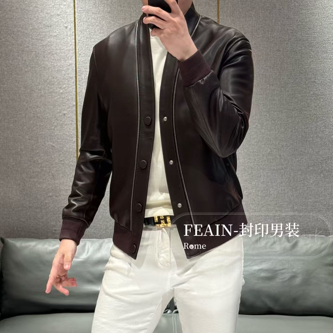 【进口羊皮】高端男士无领缠绕式拉链设计夹克25001