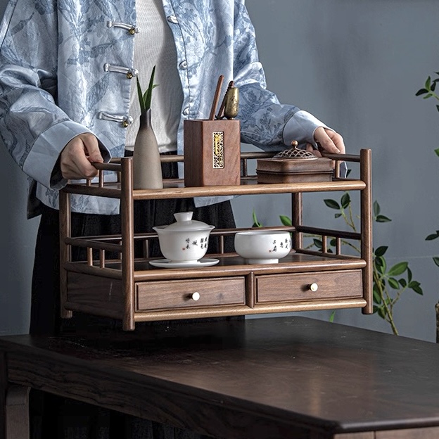 北美黑胡桃逸居博古架三层双抽茶架收纳架花架45.5*16*27HHTJ-023