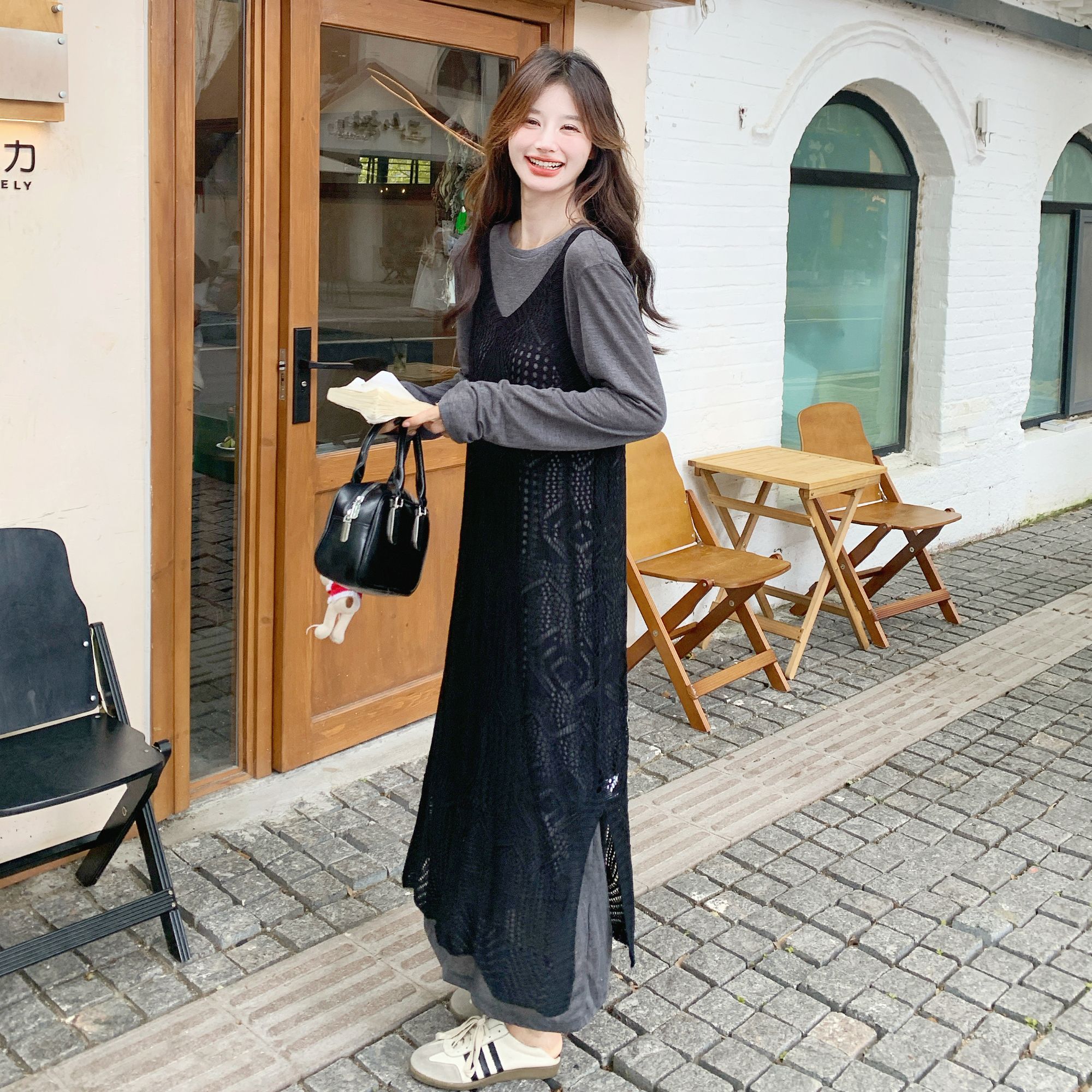 镂空罩衫连衣裙套装女秋季新款2025慵懒风休闲时尚洋气显瘦两件套