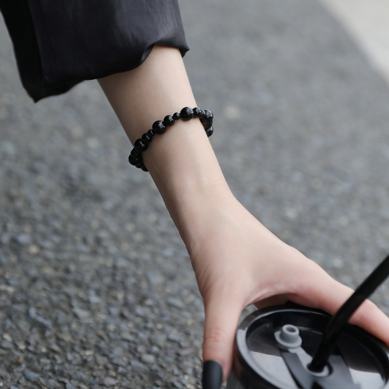 天然黑曜石手串转运珠手链补水女款男士小众情侣串珠黑色平安复古