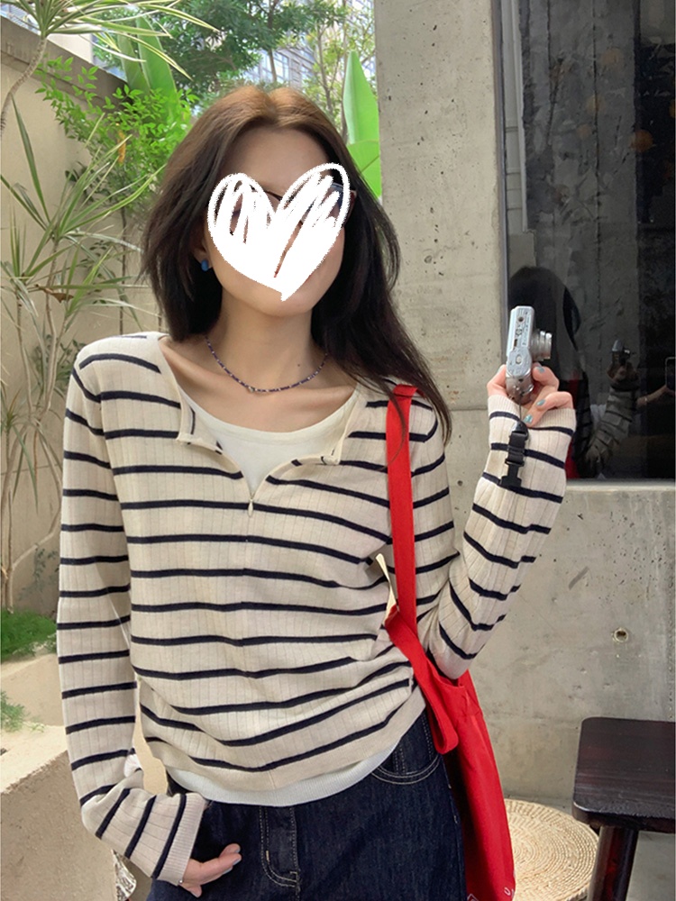 Sisilyon 早春半岛~条纹撞色假两件针织衫小个子休闲短款显瘦上衣