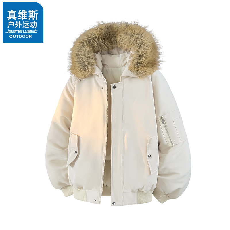 真维斯户外运动螺纹下摆秋冬棉衣潮流宽松时尚连帽保暖棉衣外套