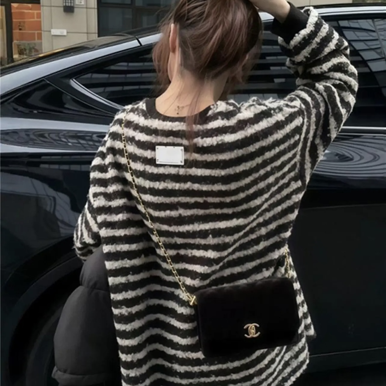 条纹圈圈毛保暖卫衣女秋冬宽松慵懒风加厚长袖复古上衣