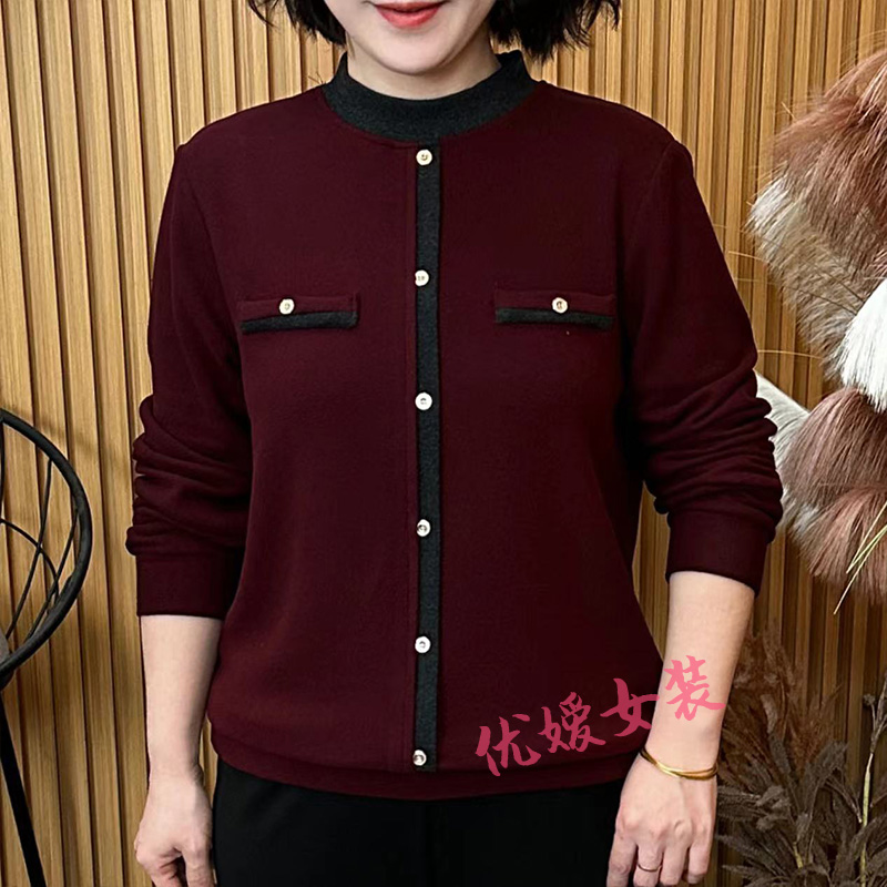 中老年女装秋冬圆领撞色双面绒保暖显瘦百搭洋气妈妈装长袖上衣