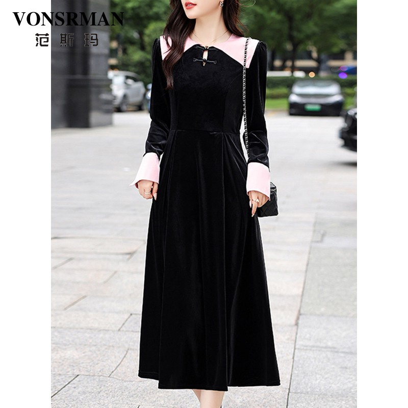 VONSRMAN新中式黑色丝绒连衣裙女2025新款秋季高级感修身气质长裙