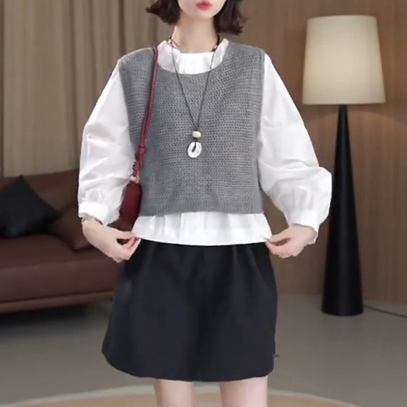 2025秋冬新款法式气质休闲长袖衬衫针织马甲女装小个子百搭两件套