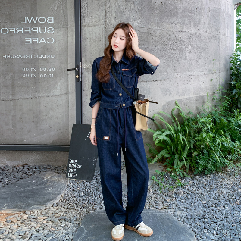 韩版甜酷风牛仔外套阔腿裤2025春秋新款盐系ins风率性百搭套装裤