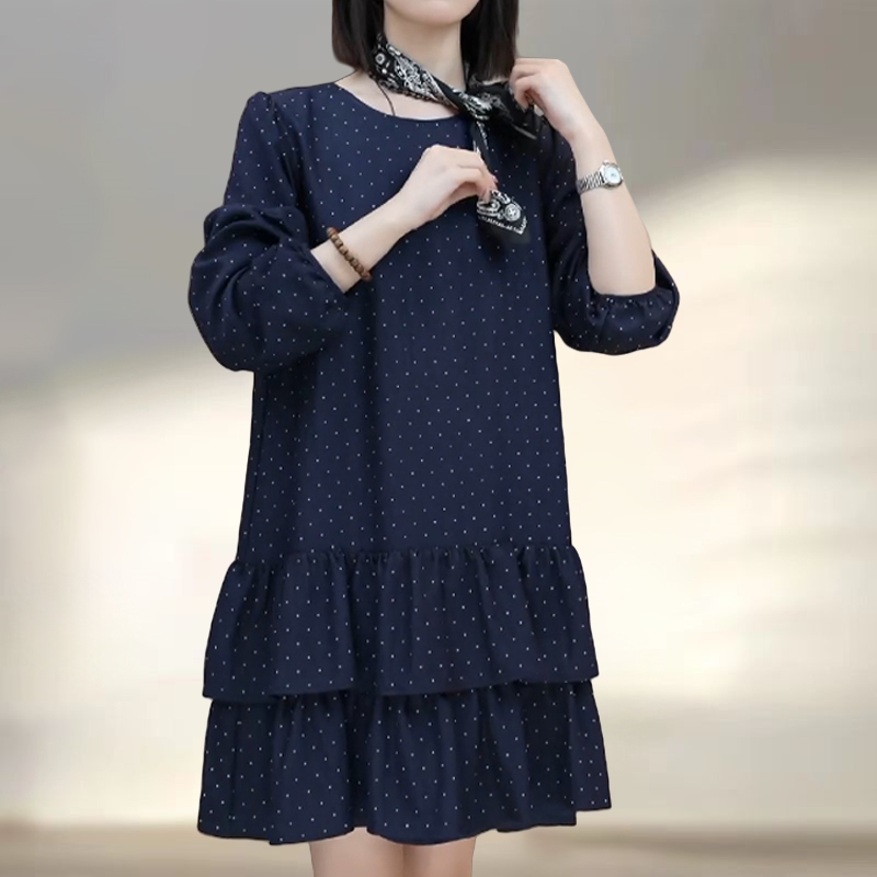小香风时髦减龄双层设计感波点连衣裙早秋新款大码宽松长袖中长裙
