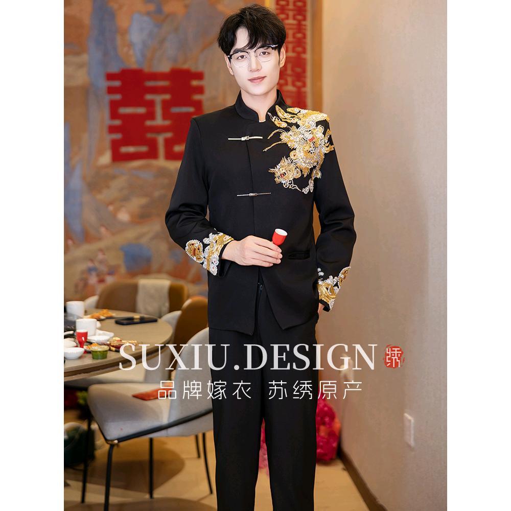 新中式男装新款西服套装结婚黑色立领外套高端订婚新郎中山装礼服