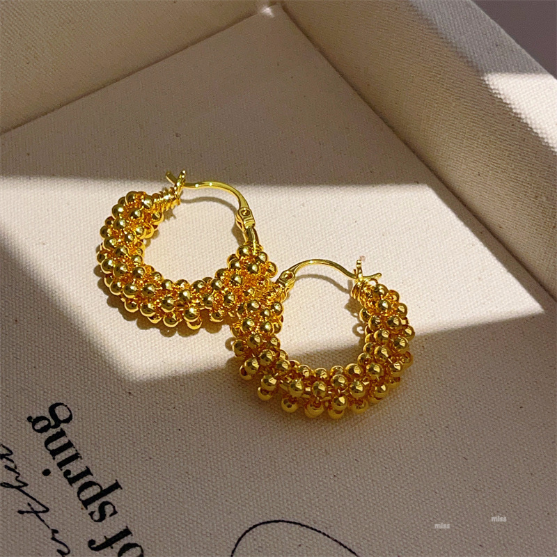 铜合金仿珍珠耳饰 欧美风金属串珠豆豆耳扣电镀IN风圈圈耳环时尚