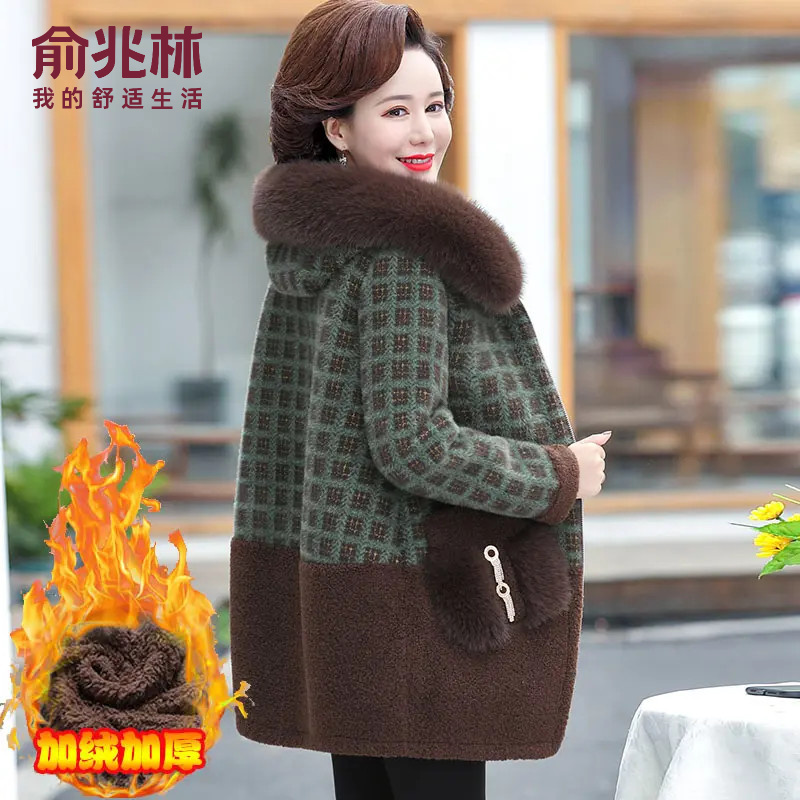 俞兆林冬装新款高贵洋气加绒外套中老年冬季仿水貂绒加厚连帽大衣