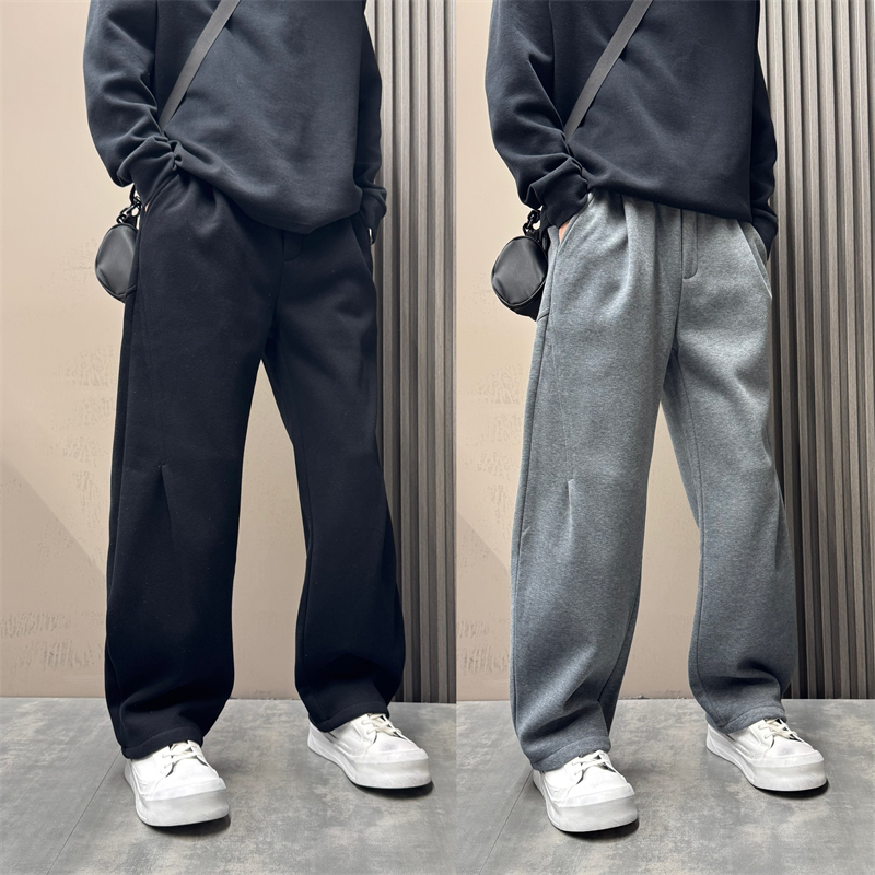 冬季新款高级感简约百搭宽松垂感弯刀加绒加厚休闲百搭直筒卫裤男
