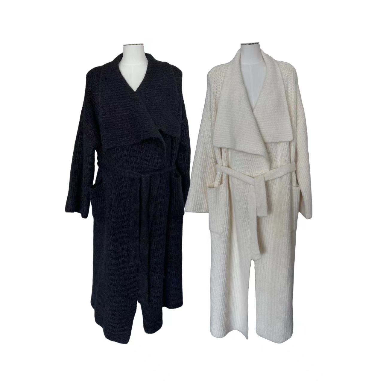 M88858新款秋冬时尚百搭宽松显瘦中长款大翻领系带针织毛衣外套