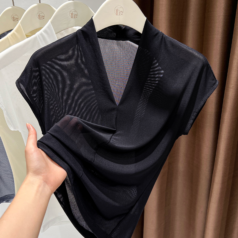 黑色蕾丝短袖女t恤2025新款高级感修身显瘦镂空网纱轻薄透视上衣