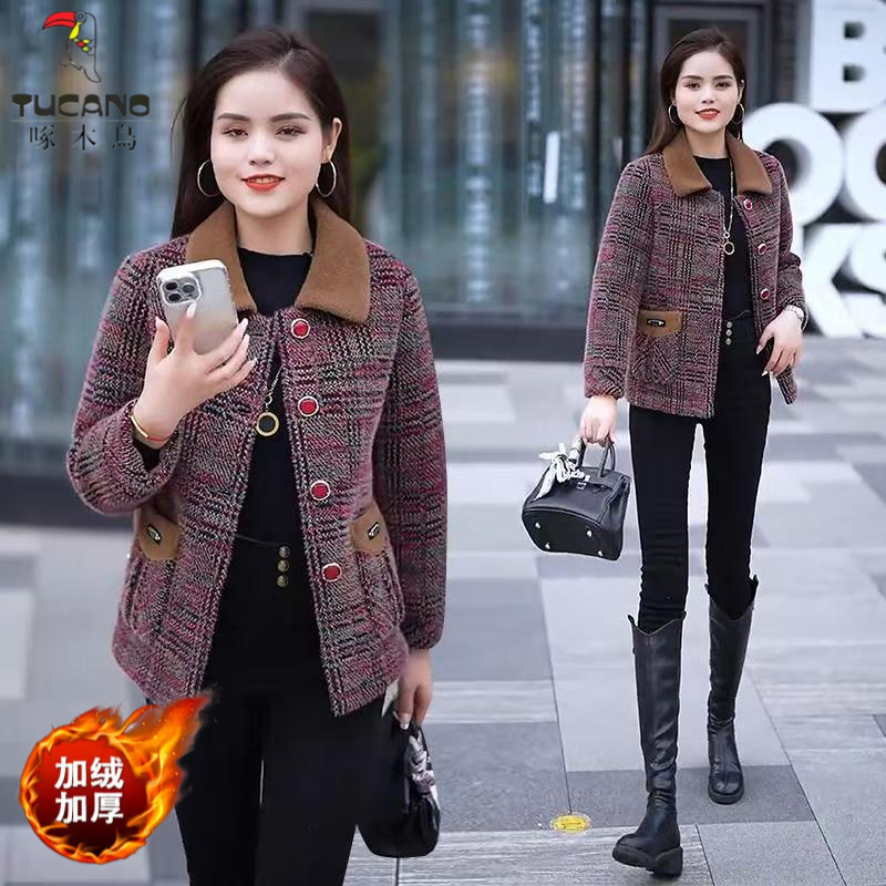 啄木鸟中年妈妈装冬款加绒加厚洋气冬季外套奶奶翻领开衫保暖棉衣