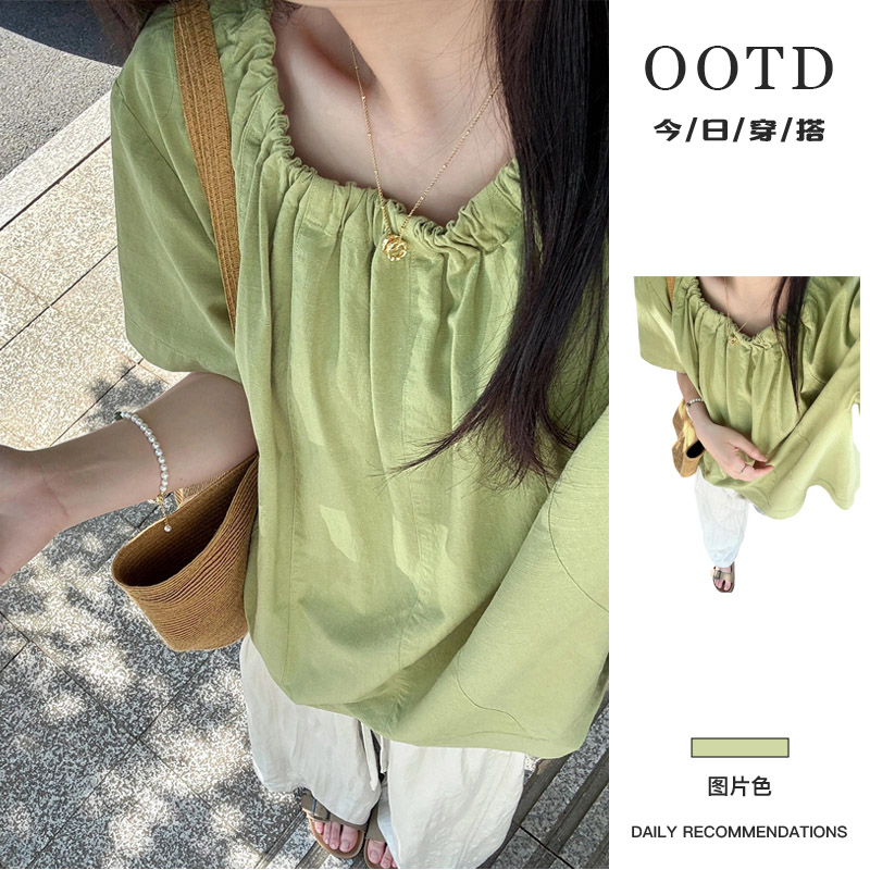 2025新款森系牛油果绿色短袖衬衫女夏季高级感绝美漂亮设计感上衣