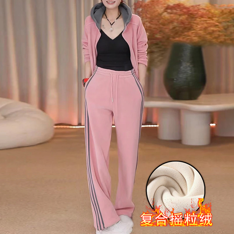 2025冬季加绒加厚运动休闲套装女连帽外套阔腿裤保暖显瘦两件套装