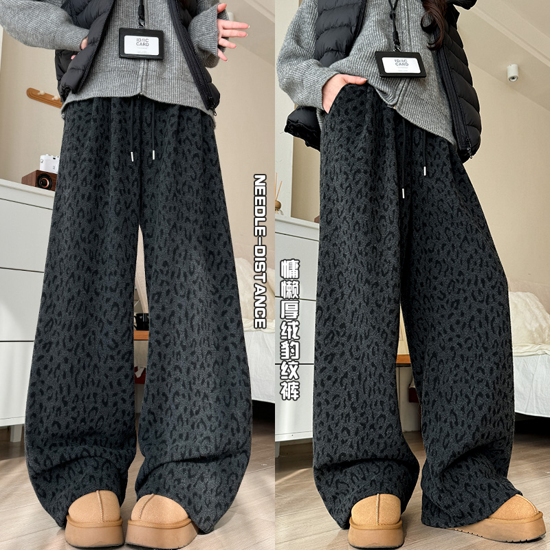 加绒加厚豹纹印花休闲裤女2025年秋冬新款高腰显瘦慵懒百搭阔腿裤