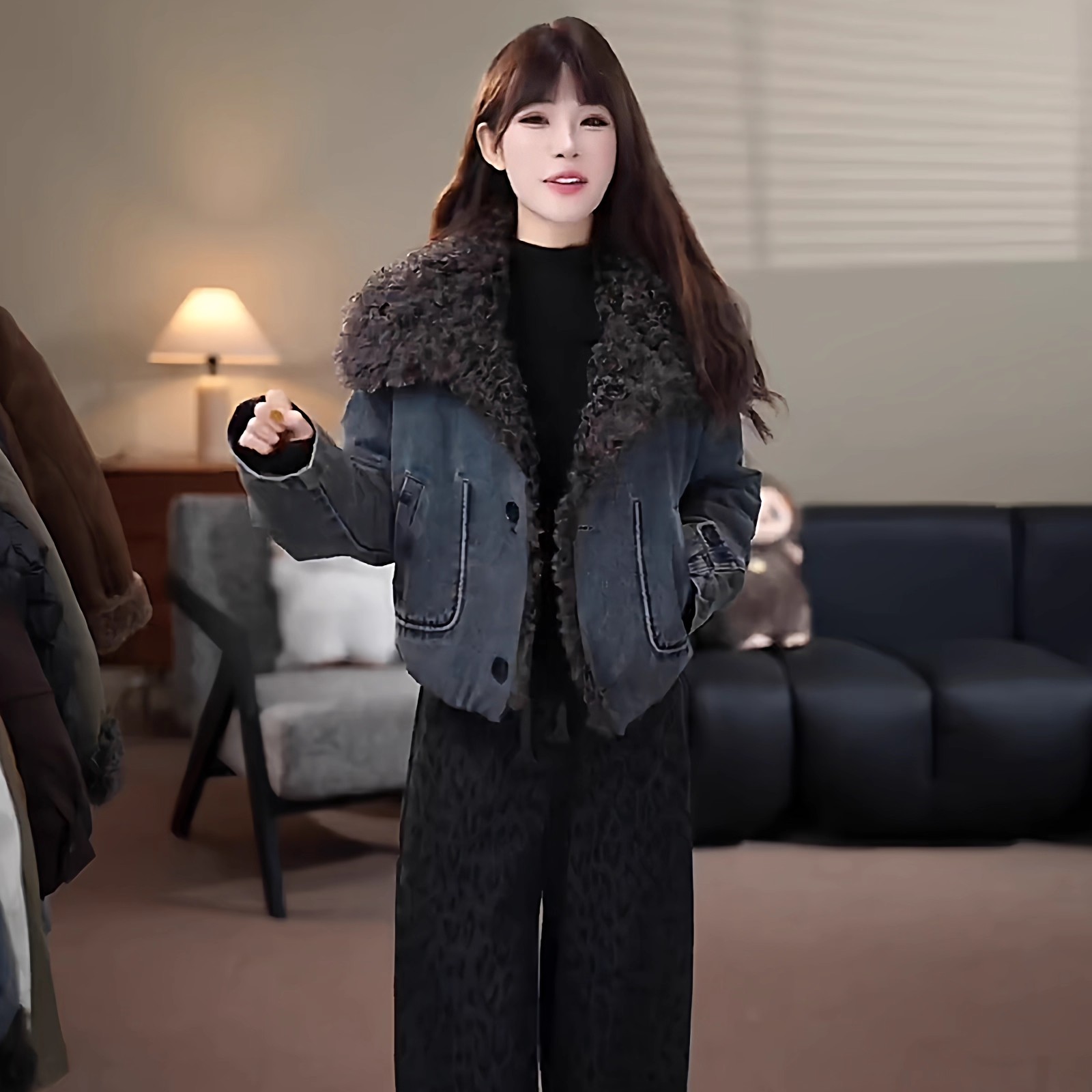 时尚复古牛仔棉服女2025冬季新款小个子毛毛翻领派克服保暖外套潮