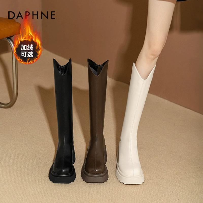 达芙妮厚底长筒靴女增高显瘦百搭女靴2025新款秋冬百搭加绒骑士靴