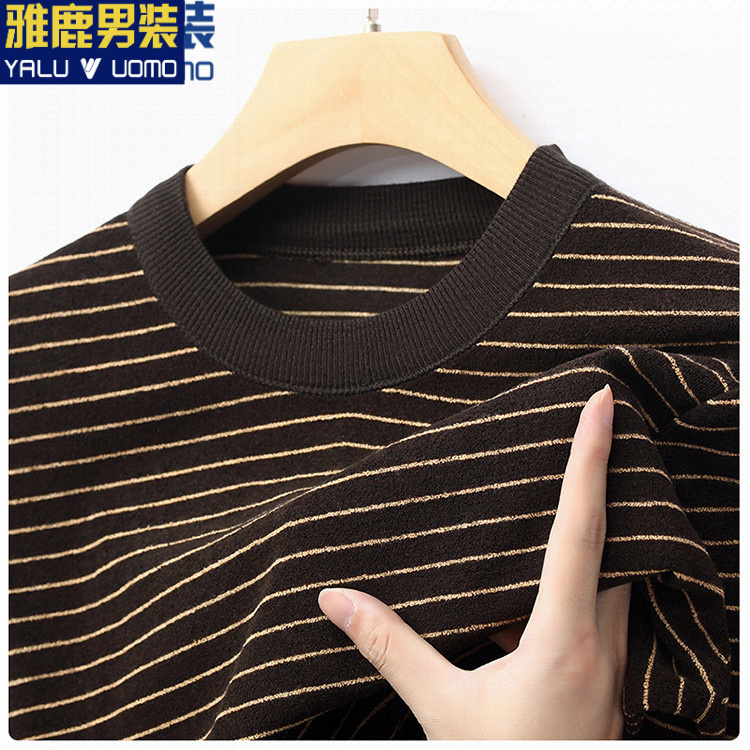 雅鹿男装春秋款高档男士显瘦宽松体恤百搭商务打底衫休闲圆领长袖