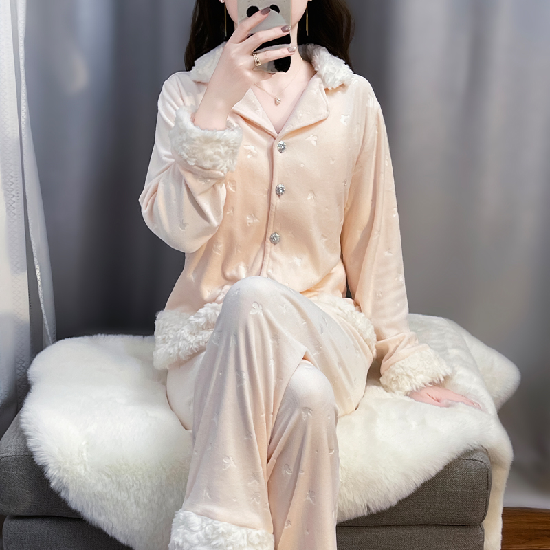 tpvl【羊羔绒】睡衣女秋冬款毛边加厚保暖家居服三件套装毛边粉色冬