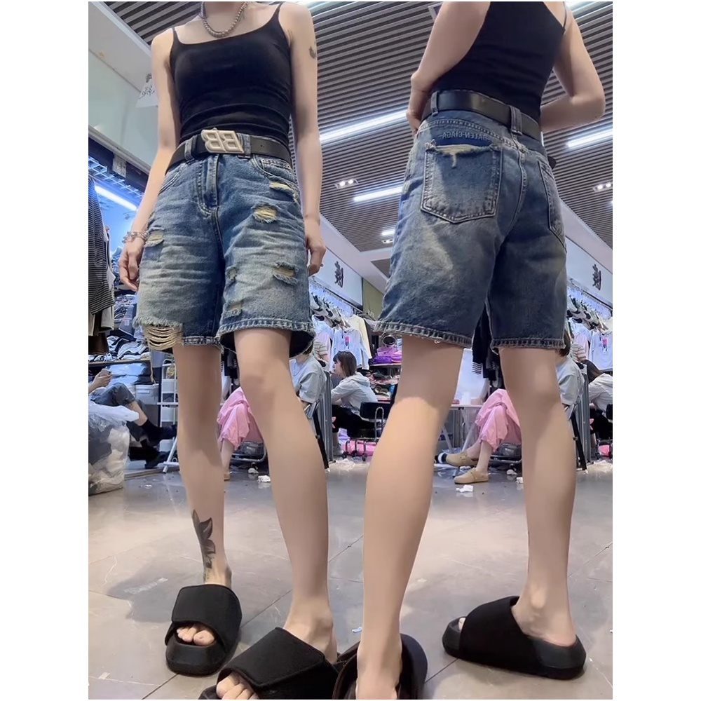 破洞蓝色阔腿牛仔五分裤2025年夏季新款大码梨形高腰宽松显瘦热裤