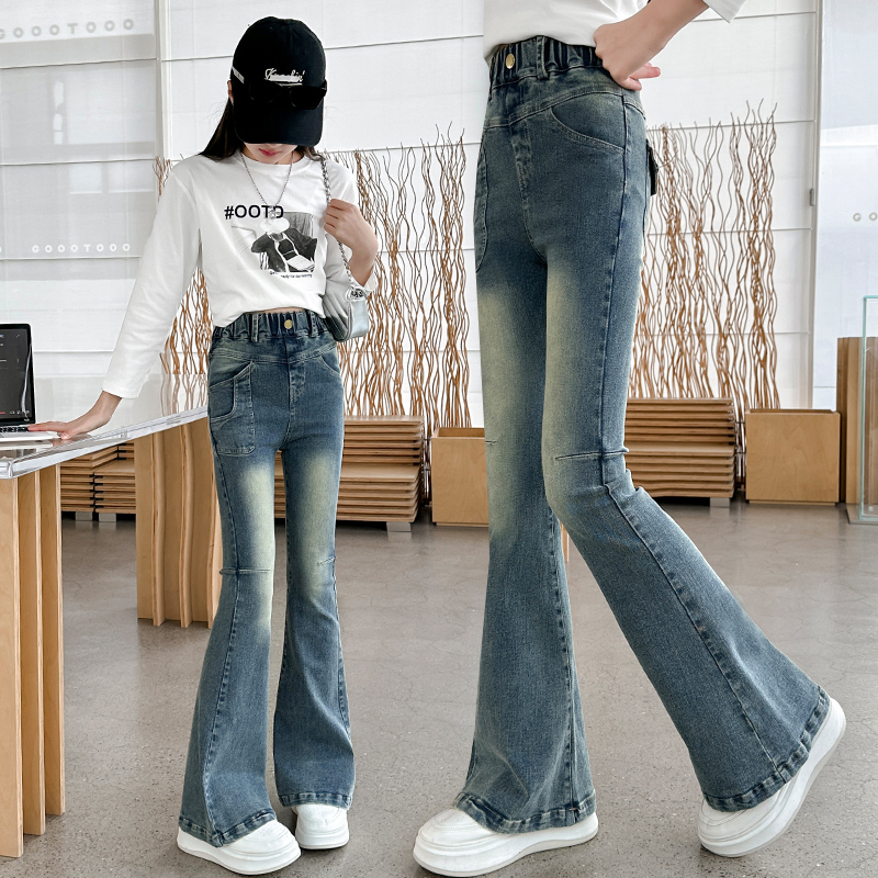 女童喇叭裤春秋款2025新款儿童高腰牛仔裤中大童春装弹力修身裤子