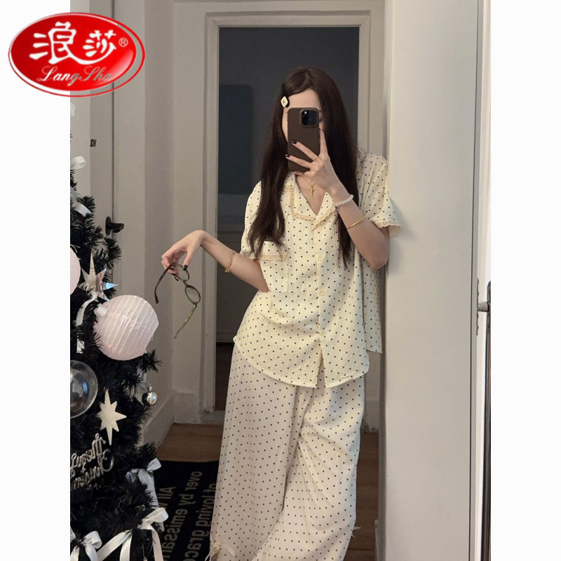 【浪莎】韩版可爱波点印花睡衣女夏季高级感甜美花边短袖长裤家居服