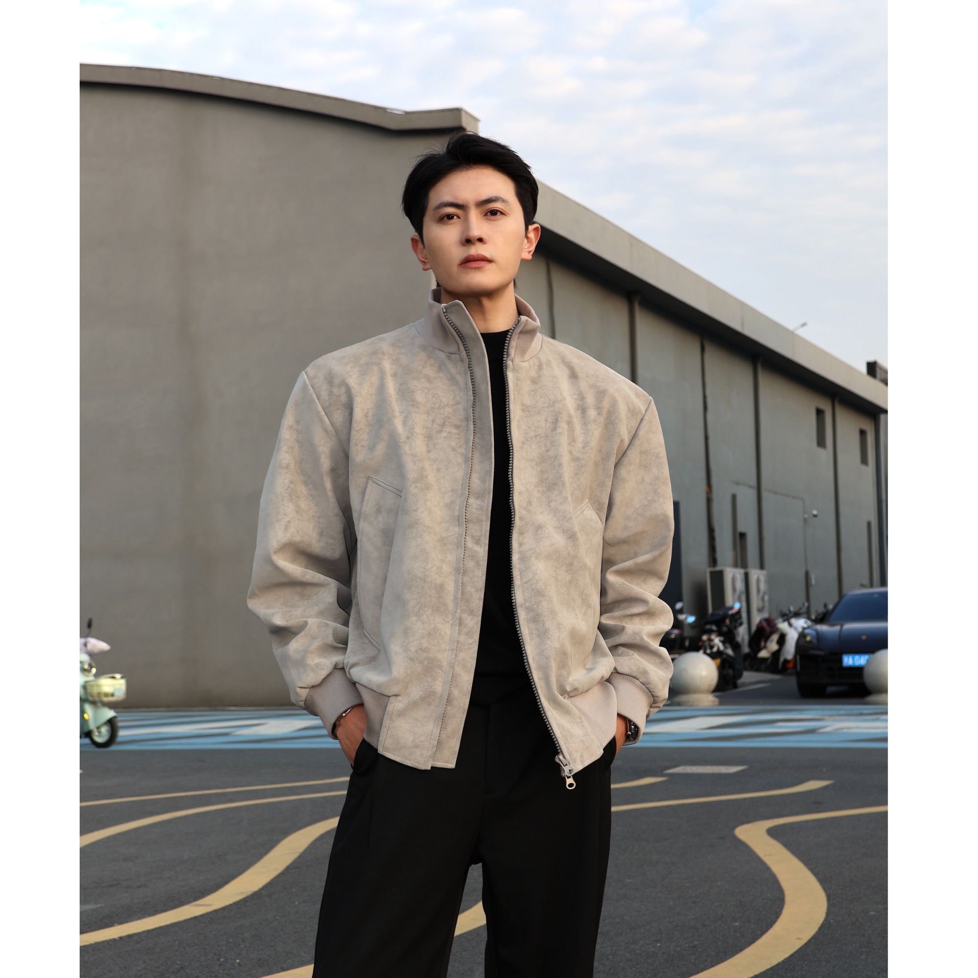 【吕飞专属】美式扎染麂皮绒立领夹克痞帅oversize宽松防风外套