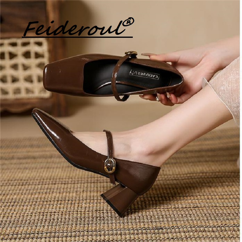 Feideroul复古玛丽珍小皮鞋一字带浅口单鞋方头粗高跟鞋2025新款
